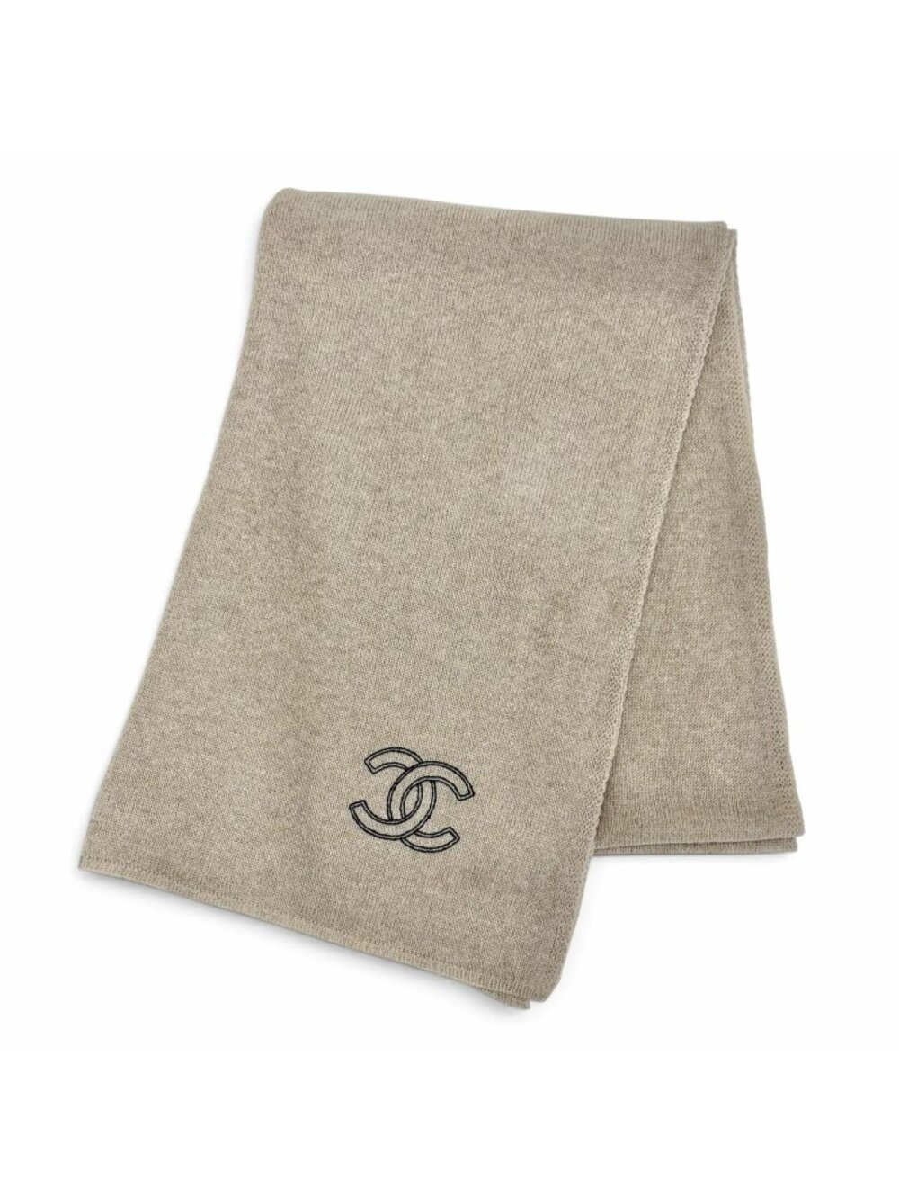 Chanel Cashmere 100% CC Logo Large Shawl Scarf Simple Beige